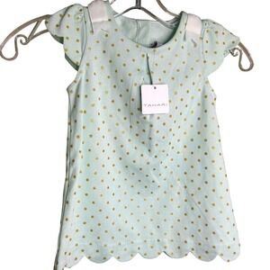 Tahari 3T Dress- mint‎ green gold polka dot, scallop edges, white bow UK 2/3 AU3